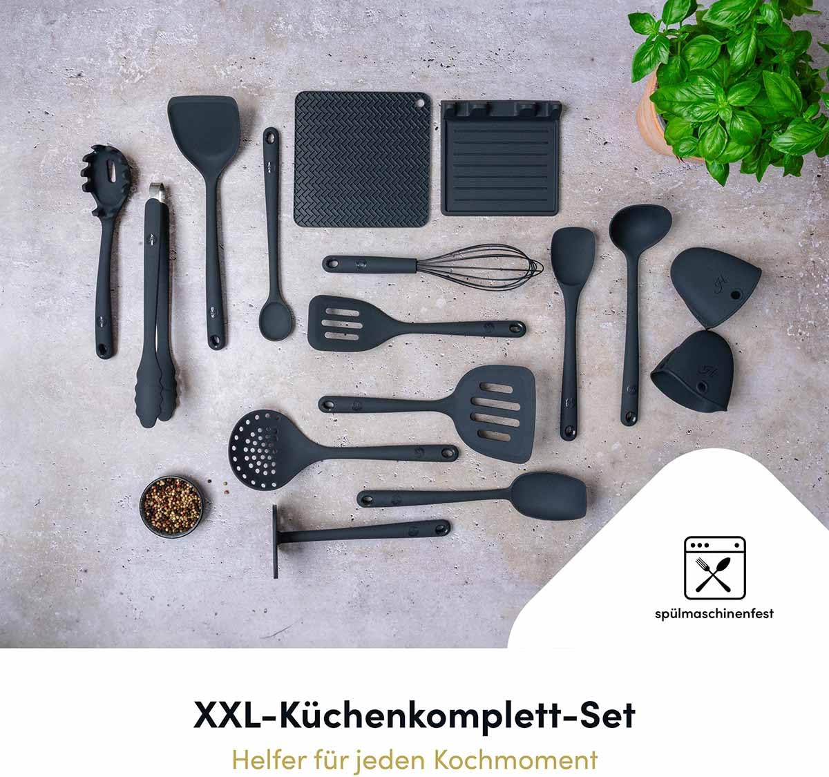 Hoffmann Küchenhelfer-Set, Anthrazit, Silikon-Edelstahlkern, Spülmaschinenfest, Hitzebeständig, Antihaft, Küchenutensilien-Set, Vorteilsset (16-teilig)