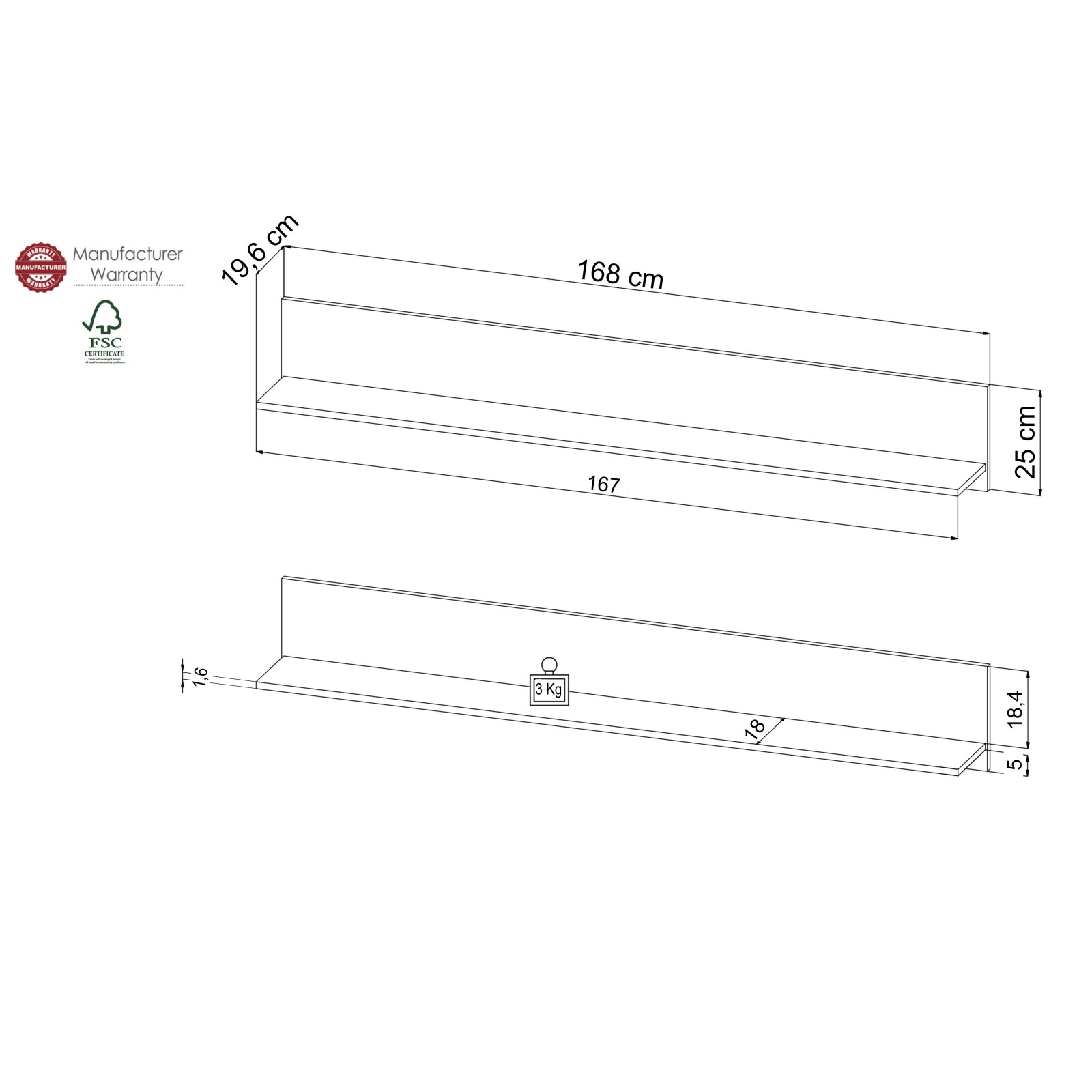 Wandboard BARLET - weiß - 168 cm