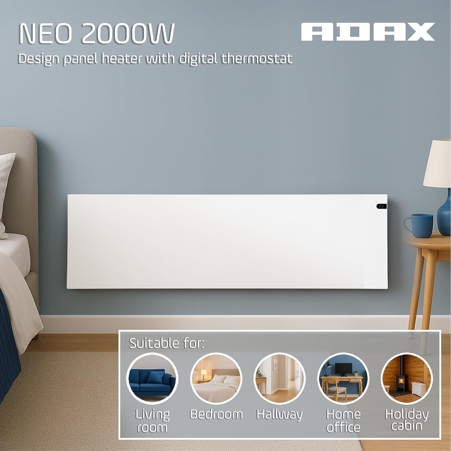 ADAX NEO NP Elektroheizkörper - 2000W, Weiß | Thermostat mit Zeitschaltuhr | Elektroheizung Wandmontage | Höhe 370mm | Heizkörper Elektrisch | Frostwächter, Wochenmodus | Wandkonvektor | KDT | IP20