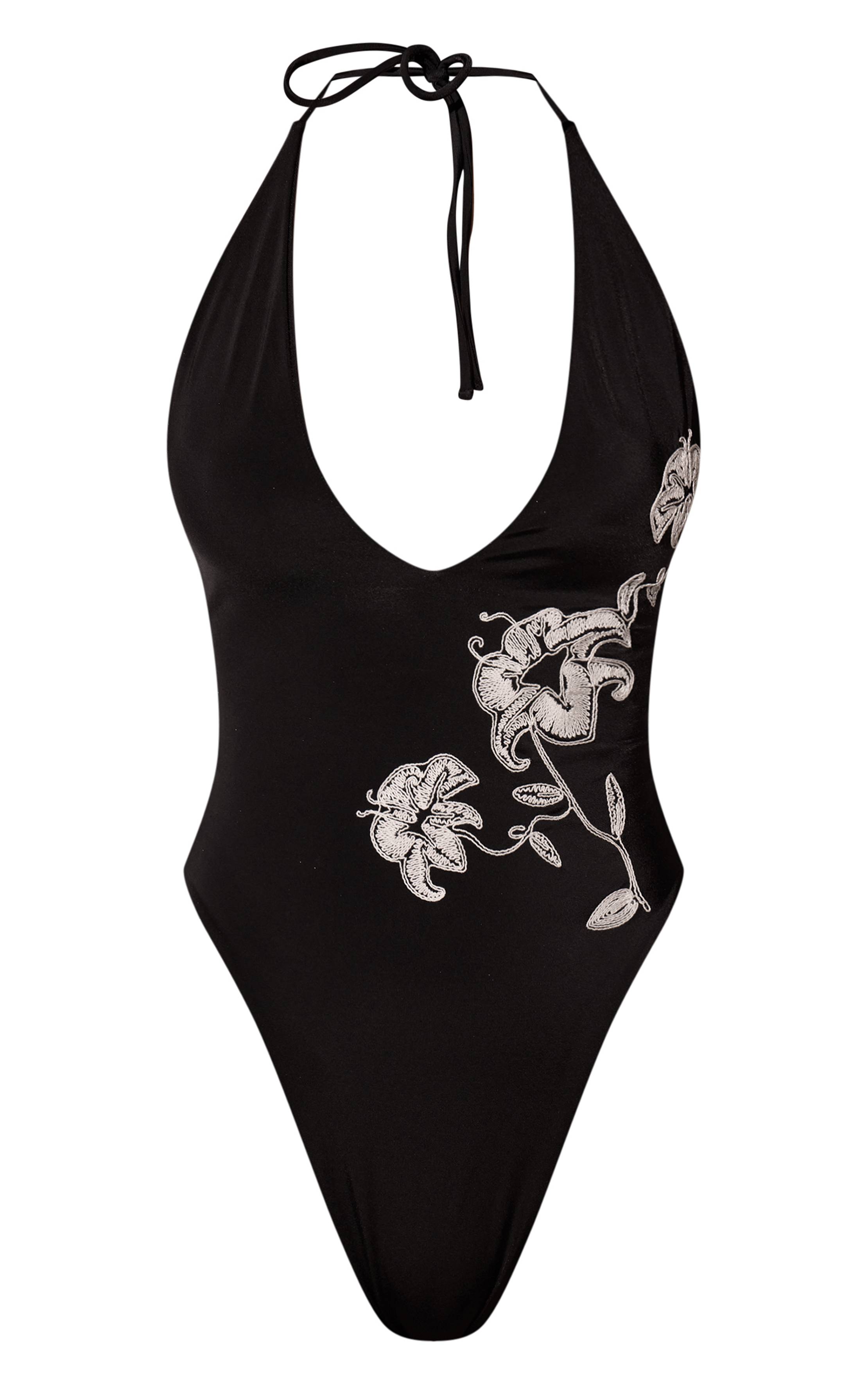 Noir Maillot De Bain Plongeant Brodé De Fleurs