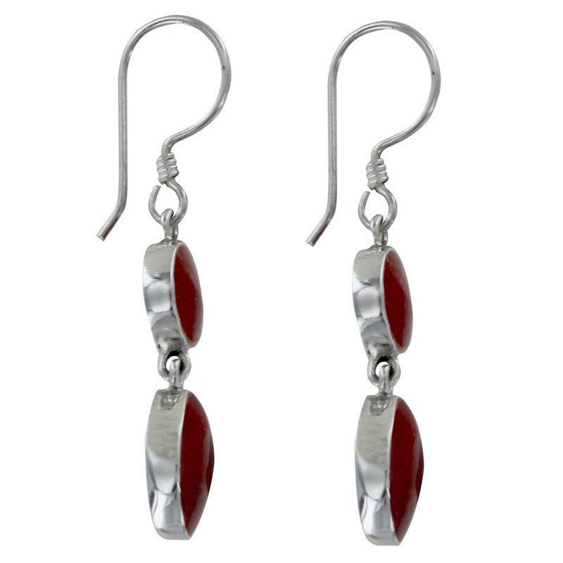 Boucles d'Oreilles Argent et Deux Pastilles Couleur Corail