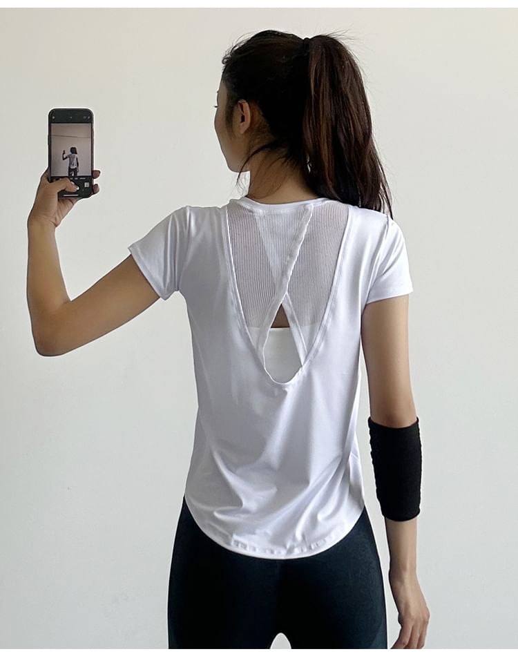 Engiko - Sport-T-shirt met korte mouwen, ronde hals, effen mesh-paneel en uitsparing op de rug