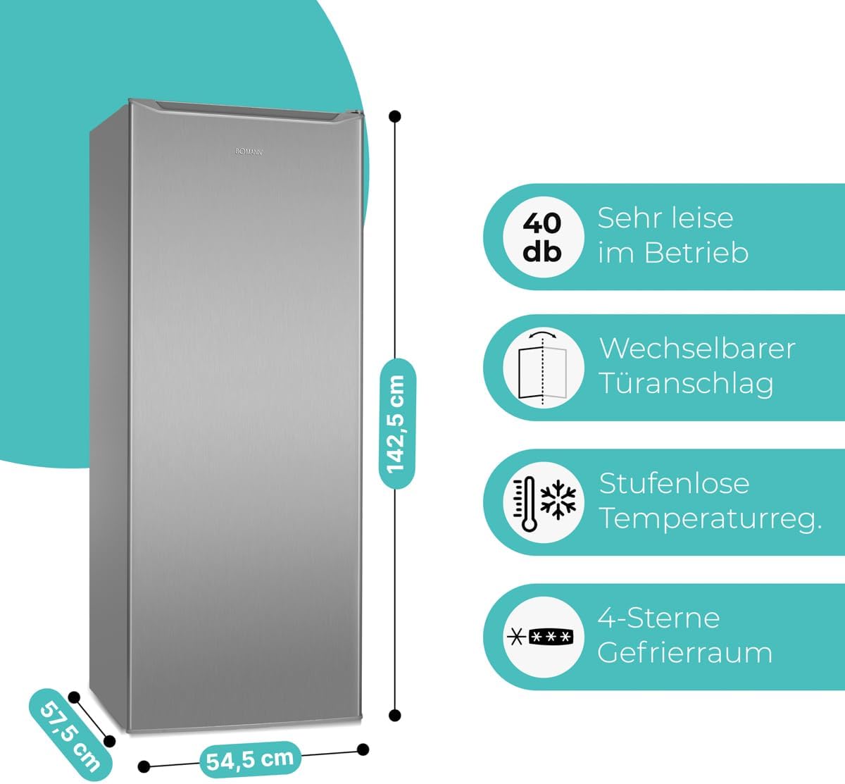 Bomann® Gefrierschrank 143cm | 4 Sterne-Gefrierfach | Temperaturbereich: ≤ -18°C | Tiefkühlschrank leise 40dB | wechselbarer Türanschlag | Gefrierschrank gross | 168L Freezer | GS 7364 inox