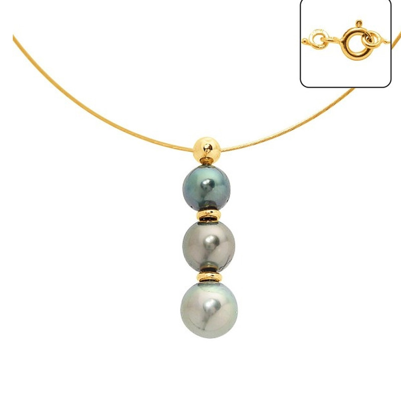 Collier Cable Ras du cou Femme en Or Jaune 750/1000 et 3 Perles de Tahiti