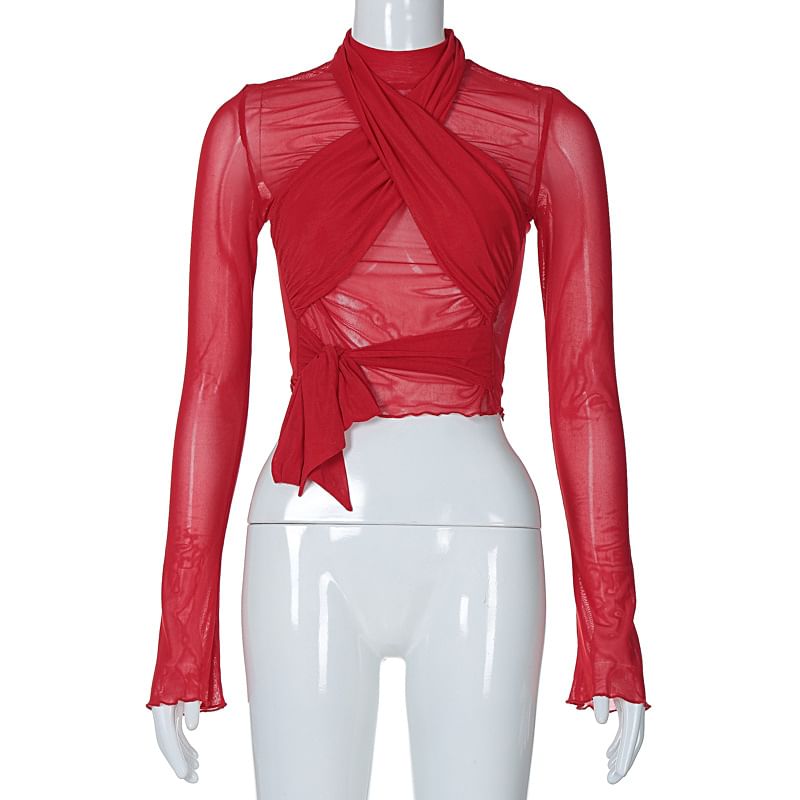 nefky - Lange mouwen mockneck effen wikkel doorschijnend cropped T-shirt