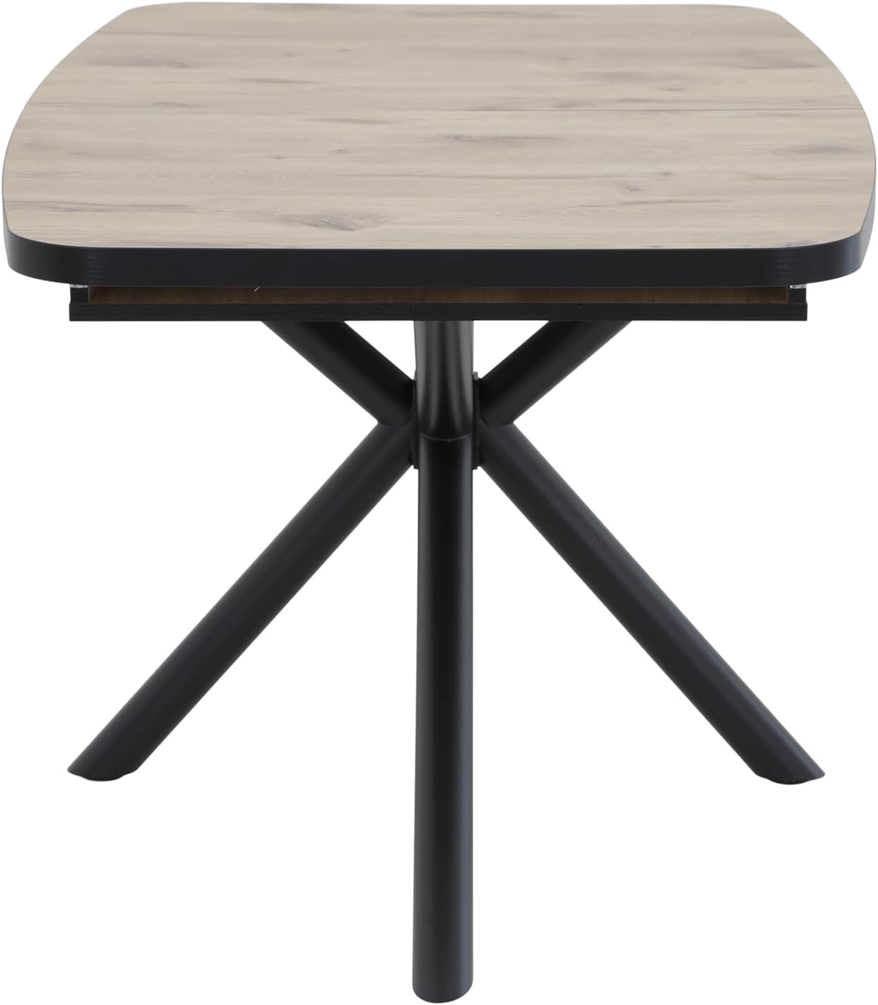 Hela Tische, Ausziehbarer Esstisch Tokio mit X-Gestell, Bootsform, 140-180 cm, Melaminbeschichtung Holzoptik Viking Oak, Schwarzes Spinnen-Metallgestell, Synchonauszug