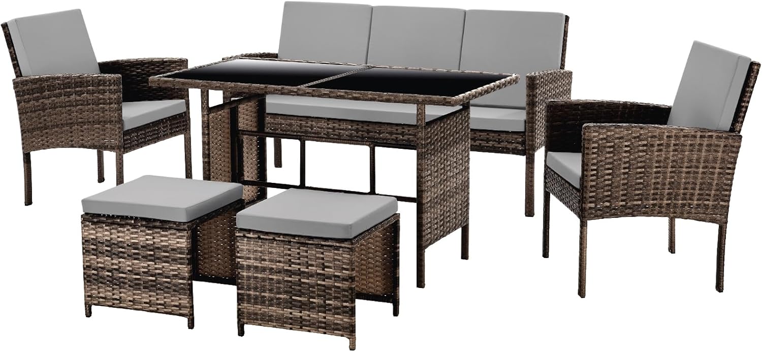 SVITA Denver Polyrattan Gartenmöbel Set 7 Personen Essgruppe Lounge Esstisch Braun