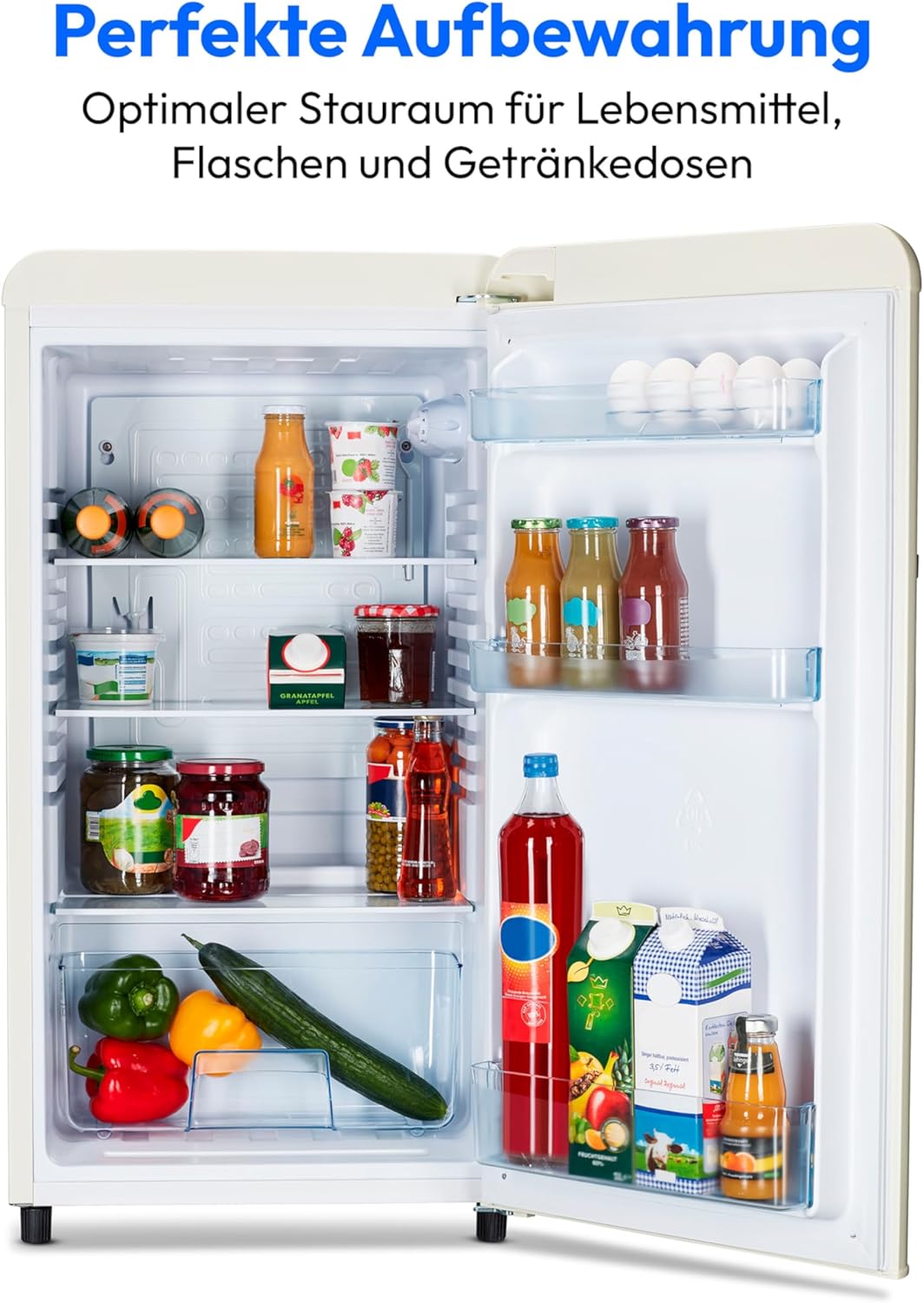 MEDION Retro Kühlschrank (91 Liter, 91cm Höhe (höhenverstellbare Füße), höhenverstellbare Glasablagen, transparente Gemüseschublade, freistehend, Türanschlag rechts, Metall Türgriff, MD37800) cream