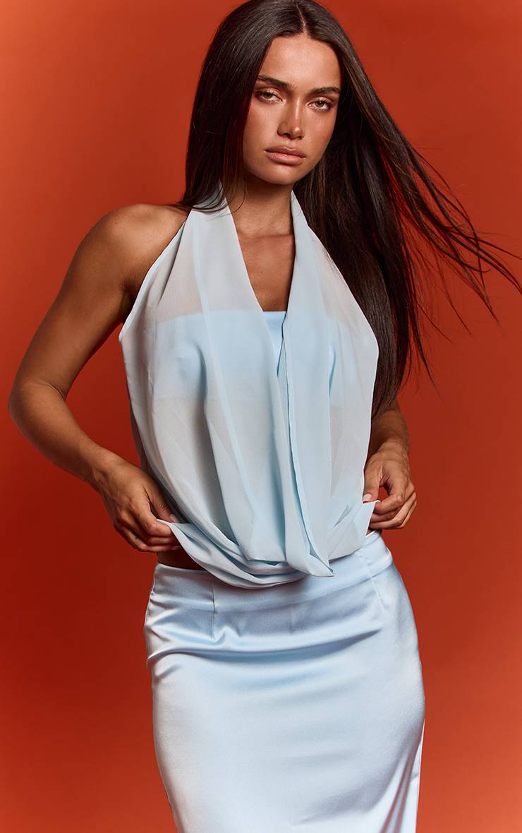 Aqua Blue Jupe Longue Satinée Taille Mi-haute Ensemble Coordonné