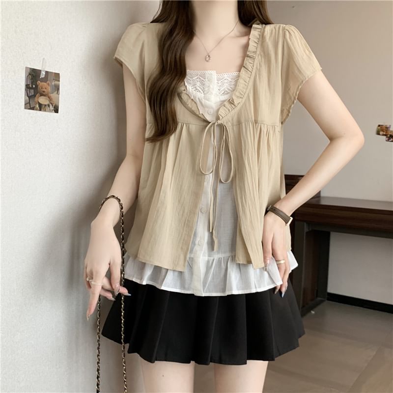 Maisee - Blouse met korte mouwen, ronde hals en tweedelige strik aan de voorkant
