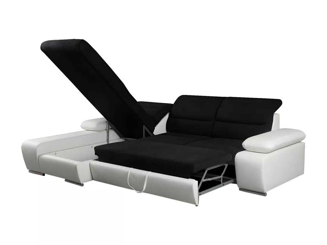 Canapé d'angle convertible en tissu et simili MIRABEAU - Bicolore noir/blanc - Angle gauche