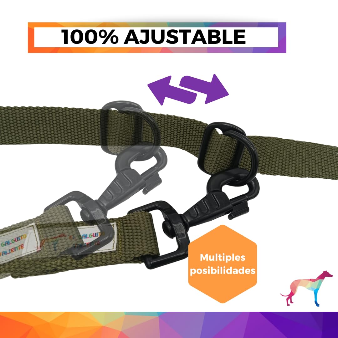 Guia para cães EGV com múltiplas posições e alça dupla de neoprene. Guia para cães que permite o uso com as mãos livres, com 2,5 metros de comprimento. (Verde militar)