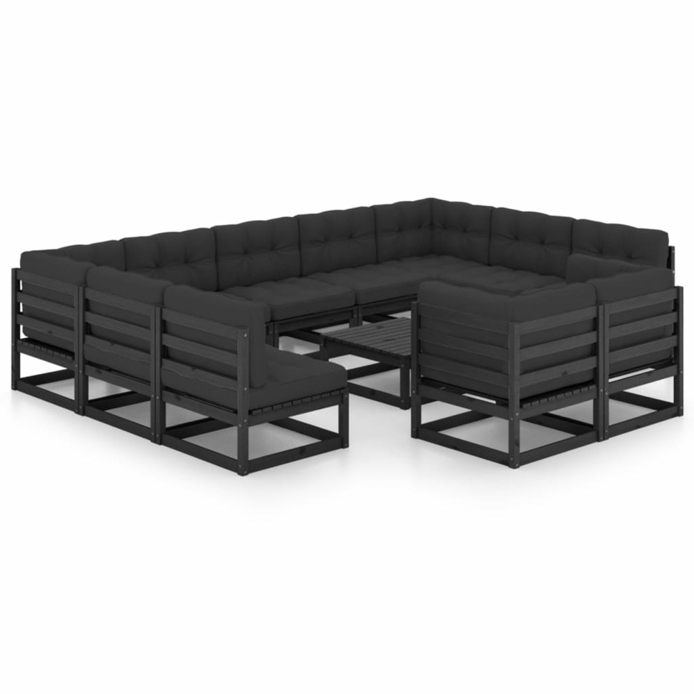 Salon de jardin meuble d'extérieur ensemble de mobilier 12 pièces avec coussins noir bois de pin massif