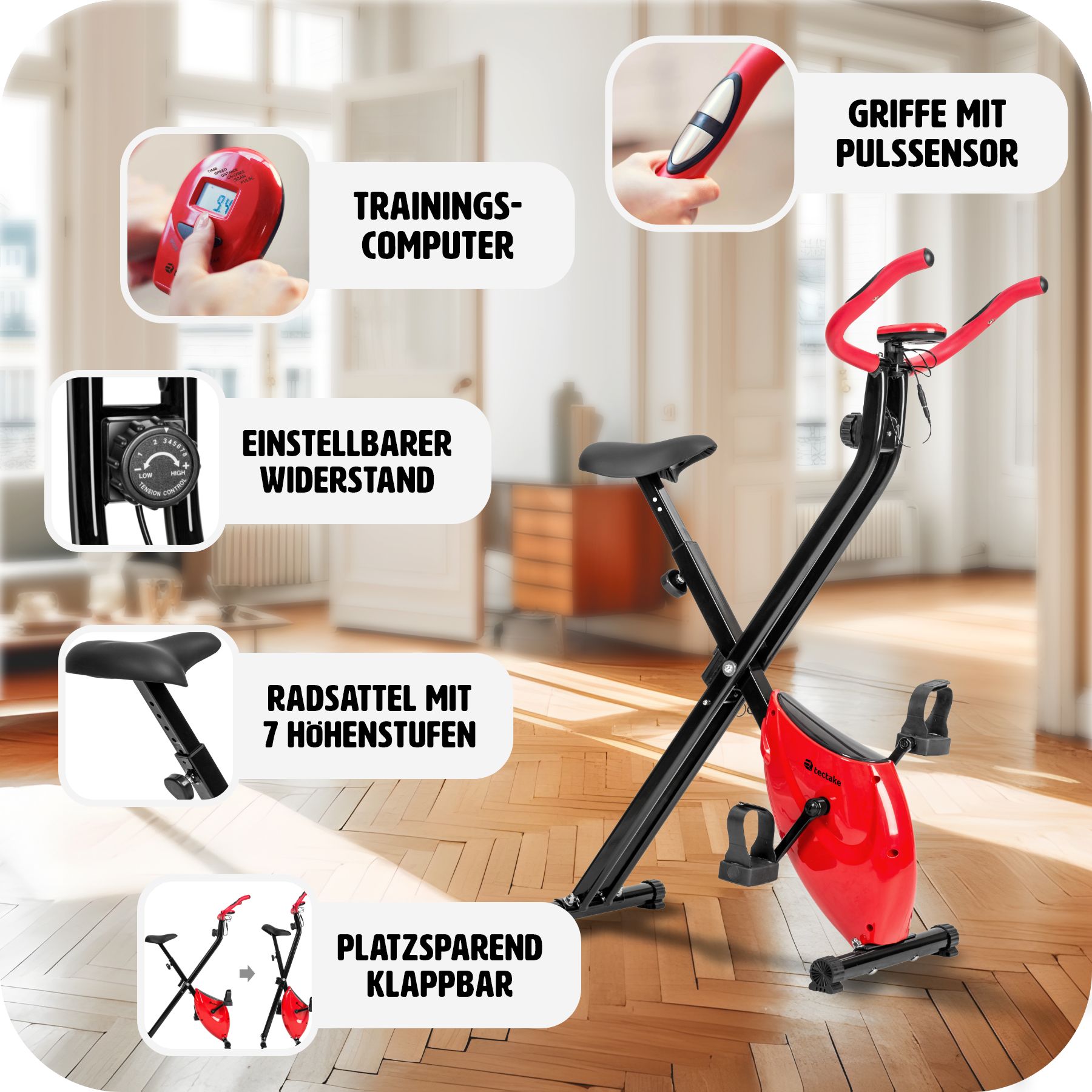 tectake® Heimtrainer, klappbar, 8 Schwierigkeitsstufen, mit Pedalriemen, inklusive Trainingscomputer und Pulsmesser