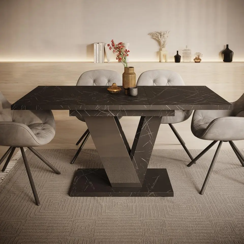 Meubella - Eetkamertafel Dayman - Zwart marmer - 160 cm - Uitschuifbaar
