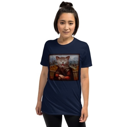 Camiseta feminina Mascochula, estampa da Mona Lisa personalizada com seu animal de estimação, azul marinho