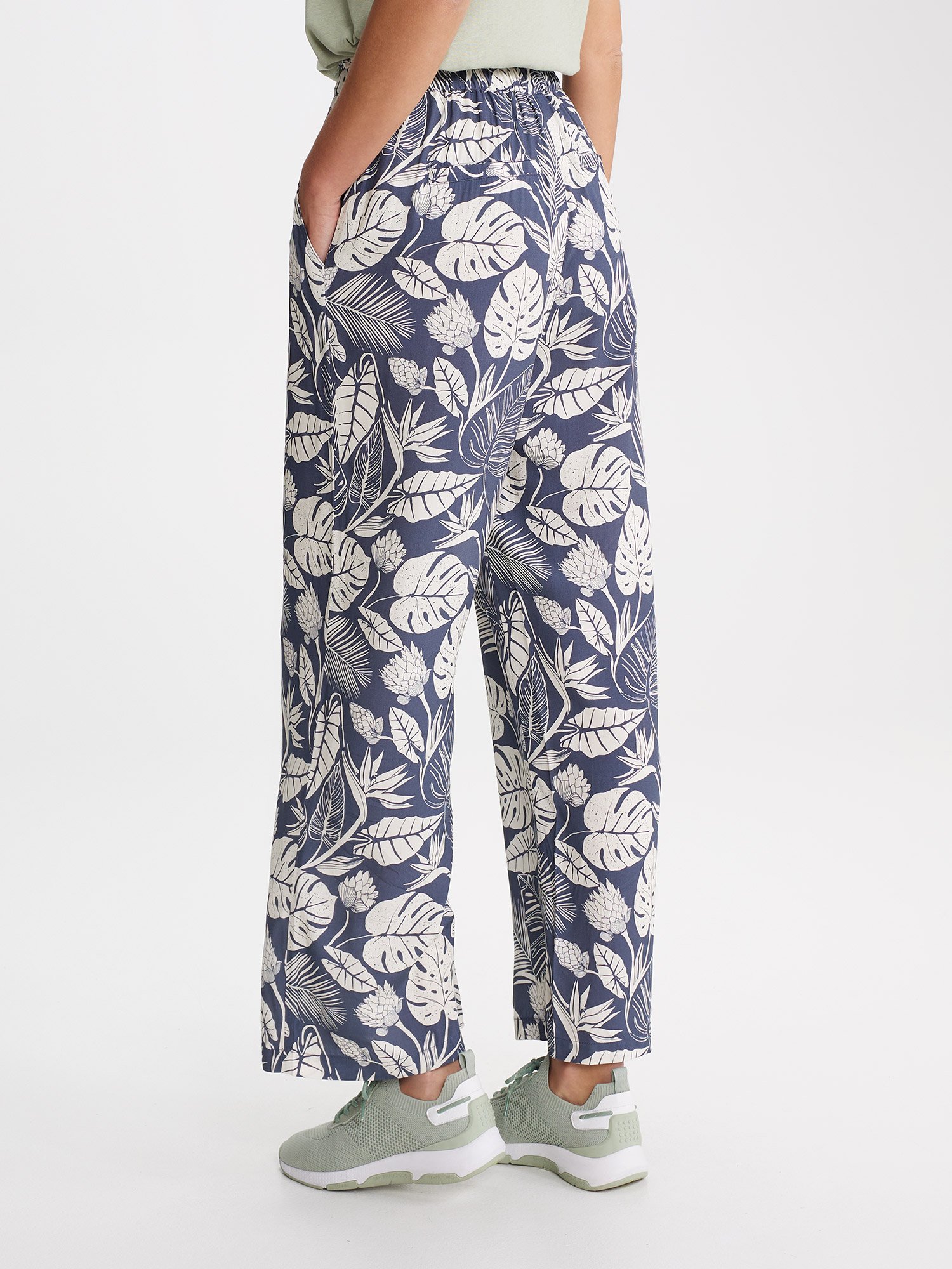 Pantalon Femme Taille Elastiquée Motif Floral Bleu
