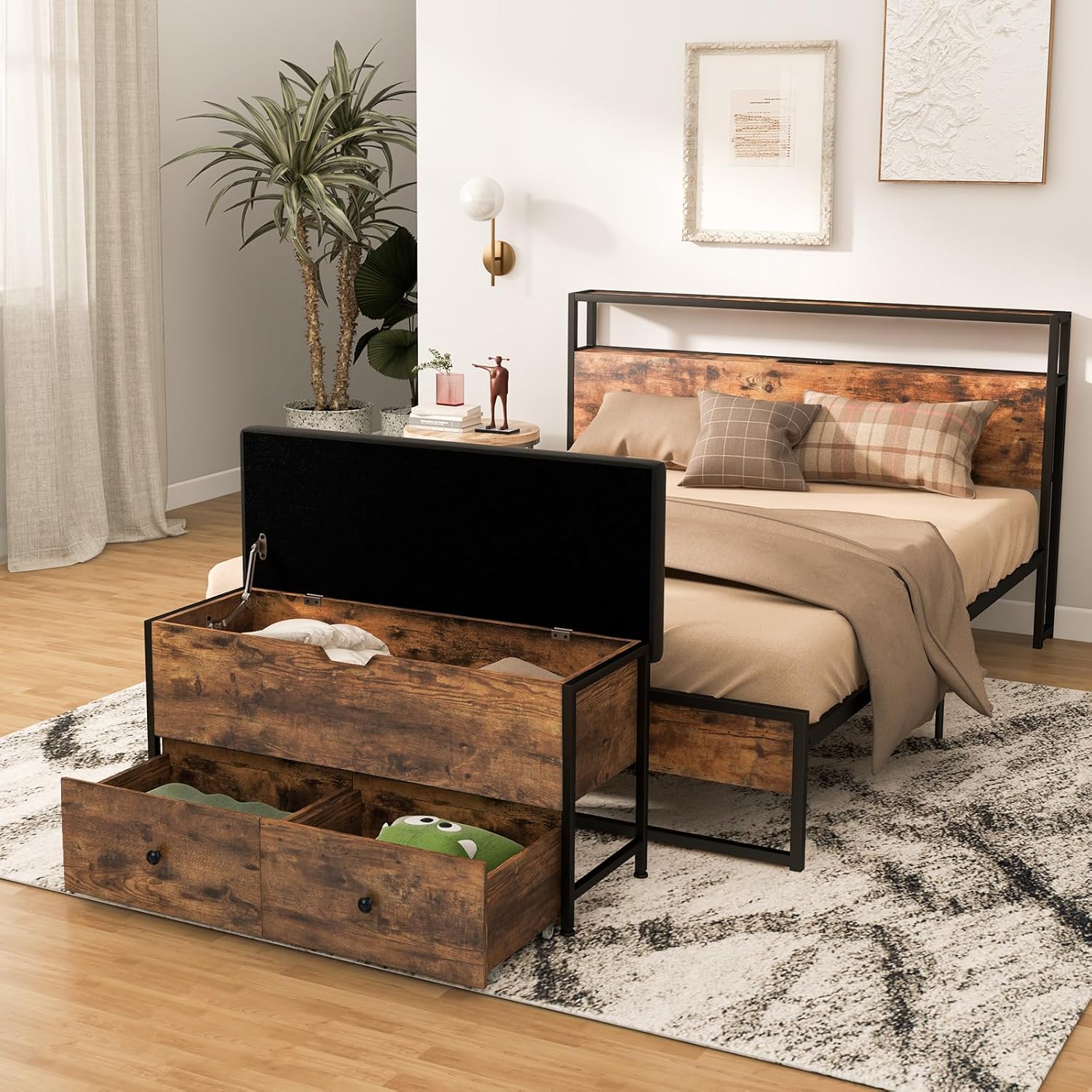 COSTWAY Schuhbank mit Sitzfäche, Sitzbank gepolstert mit 2 Schubladen, Schutzhüllen, Verstellbarer Fußstützen & Rollen, aufklappbare Schuhregal mit Stauraum, 150kg Belastbar, 101 x 41 x 58 cm