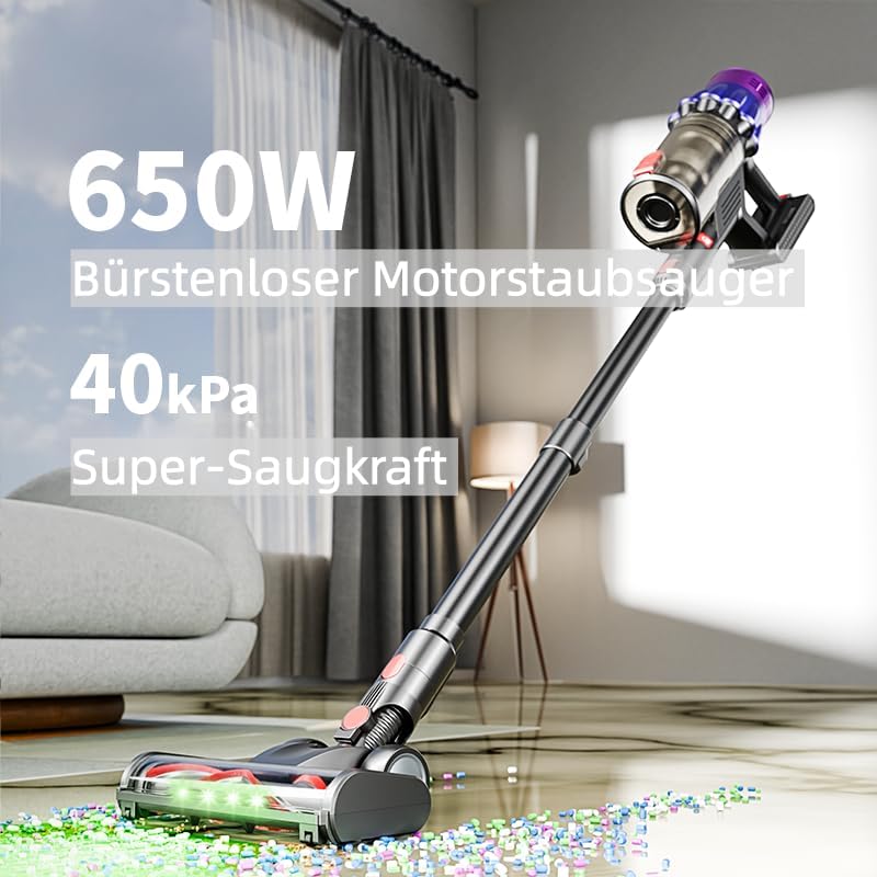 Ultra-starker Akku-Staubsauger mit automatischer Stauberkennung/Bis zu 50 Minuten Laufzeit/Beutelloser Staubsauger für Teppiche, Hartböden & Tierhaare/Violett - 650 W
