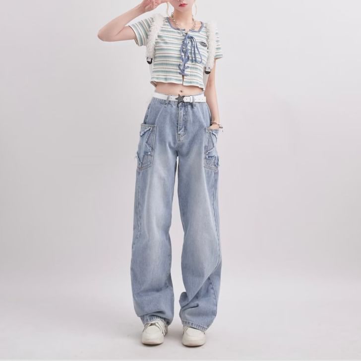 Rosesand - Lage taille sterrenapplicatie gewassen losse wijde jeans