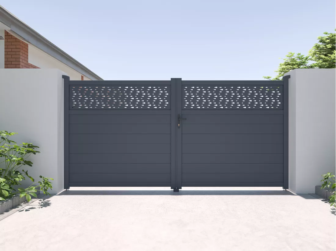 Portail battant aluminium semi plein à motifs L355 x H181 cm anthracite - BAZIO