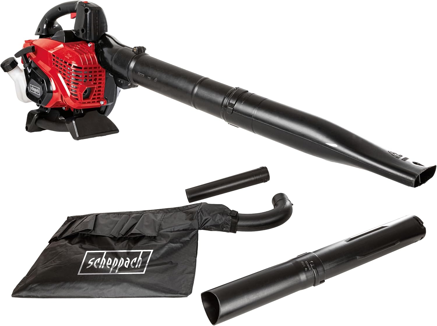 Scheppach Benzin Laubbläser LBH3500P 4in1 Laubsauger mit Easy Start | 2Takt Motor - 25,4cm³ & 1,2PS | hohe Luftgeschwindigkeit 295 km/h | Luftstromvolumen 790m³/h | 50L Fangsack, Saug- & Blasrohr