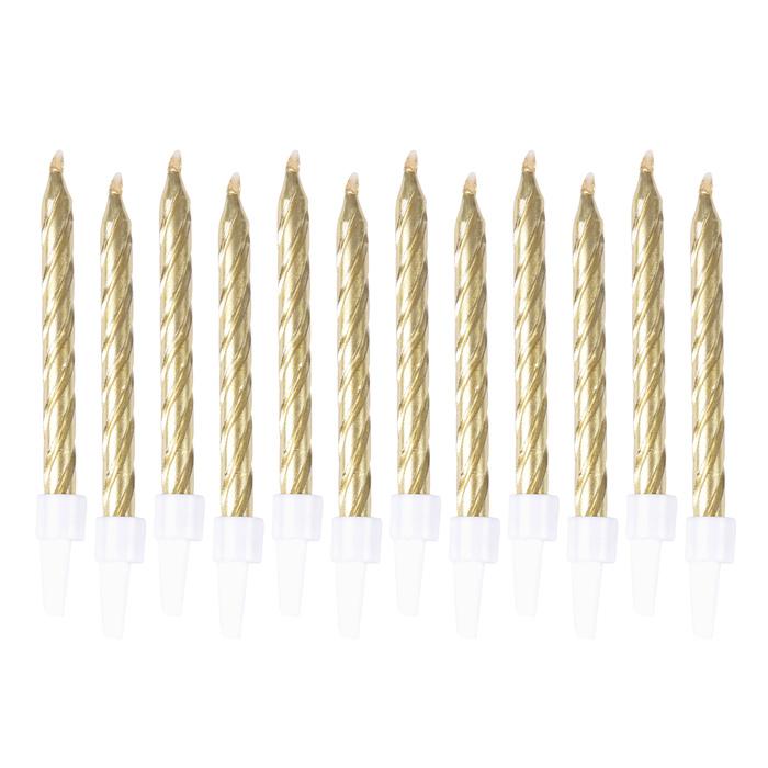 SET 12 BOUGIES METALLIQUES OR AVEC SUPPORT H.6CM