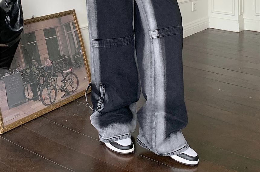 AXEN - Middelhoge taille contrasterende rand wijde pijpen jeans