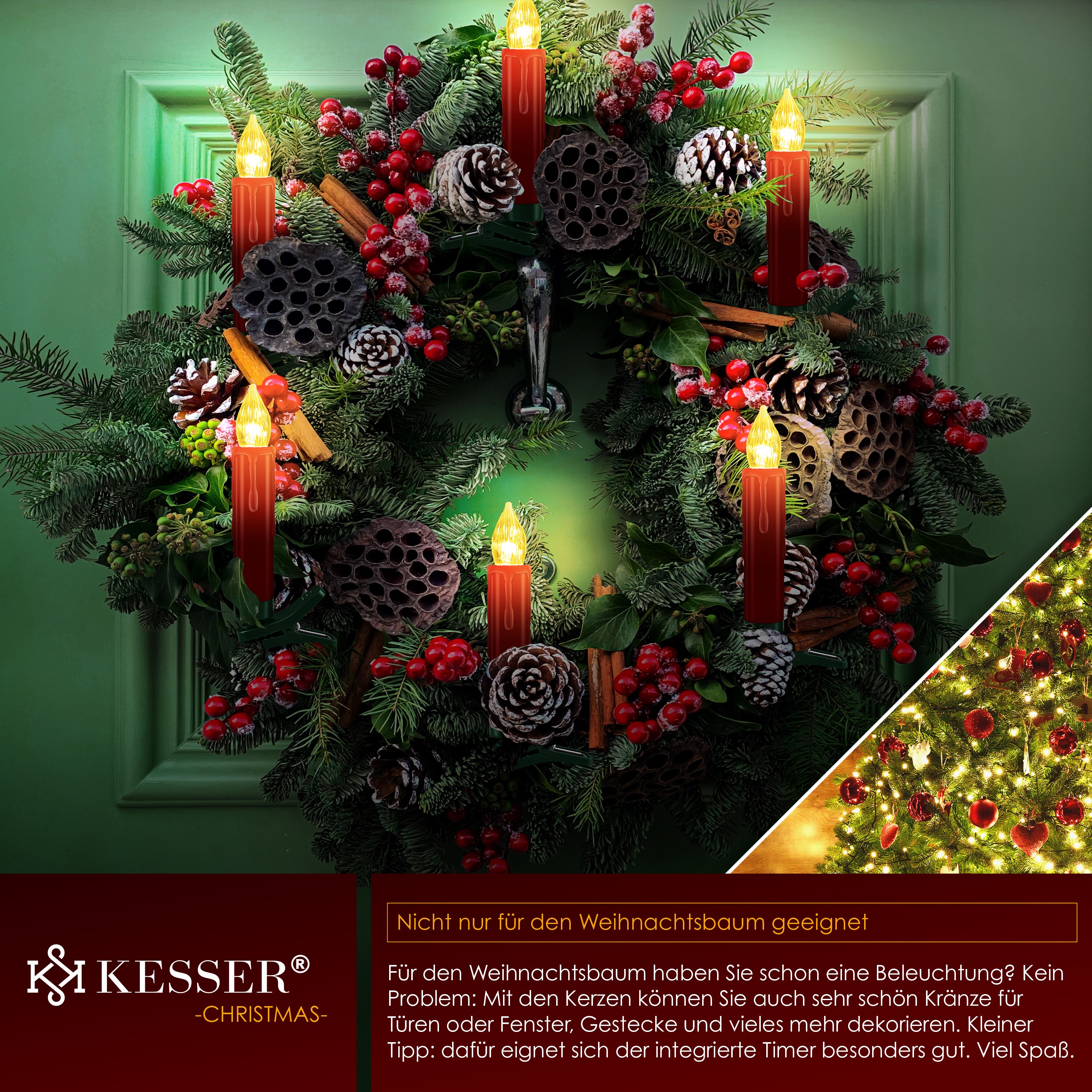 KESSER® Weihnachtsbaumkerzen 20 LED Inkl. Batterien Kabellos - Warmweiß - mit Fernbedienung Funk - Timerfunktion - Flackern - Dimmbar Weihnachtskerzen Christbaumkerzen Befestigungsklammern Kerzen