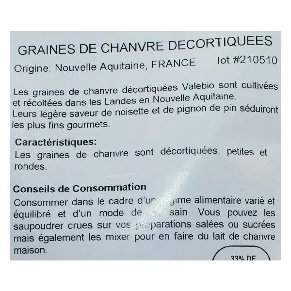 Sementes de cânhamo descascadas orgânicas Valebio 200g