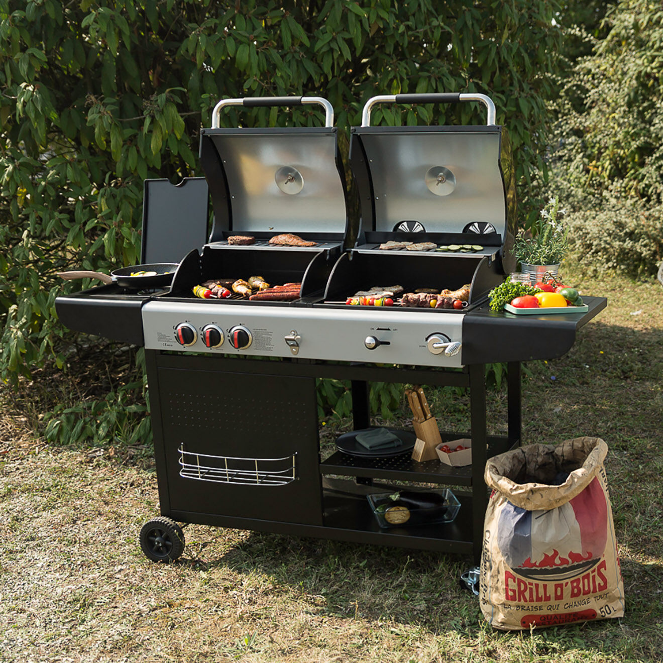 Livoo Barbecue 2-en-1 charbon et gaz noir - 109x61x51 cm