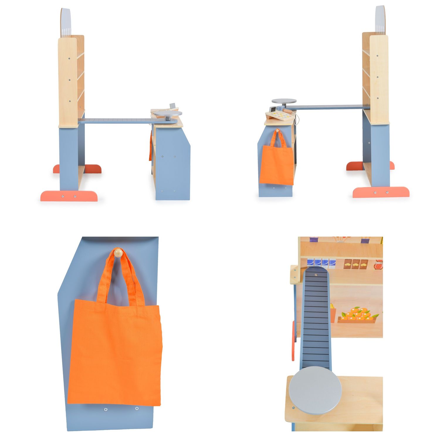 Moni Kinder Kaufladen 4426 Holz, Supermarkt, Tafel, Tasche, Kasse mit Scanner blau
