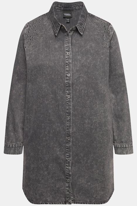 Jeanshemd, Nieten, A-Linie, Hemdkragen, Langarm, Taschen