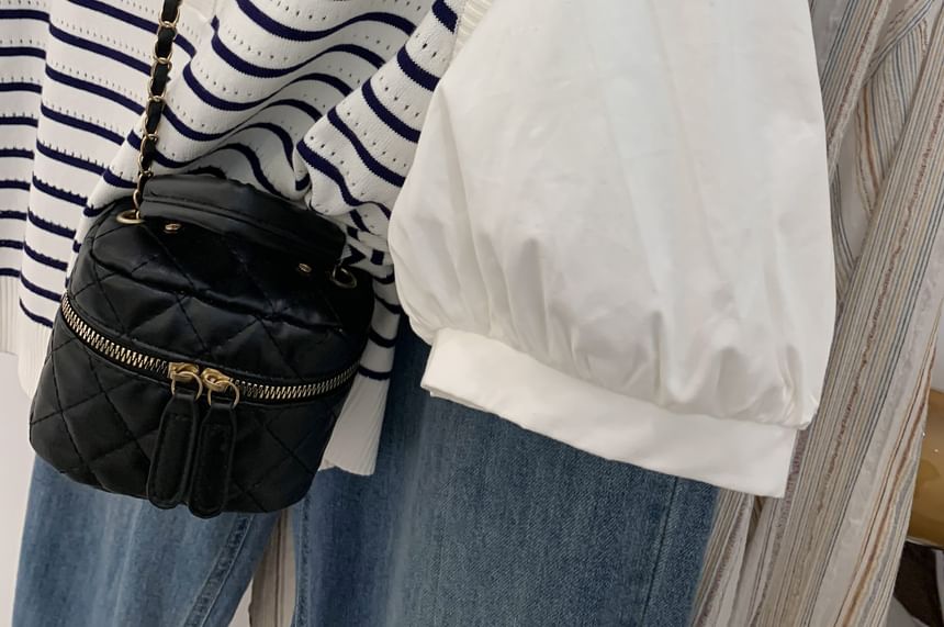 Isaaca - Blouse met korte mouwen, kraag, V-hals en strepenmotief in twee delen