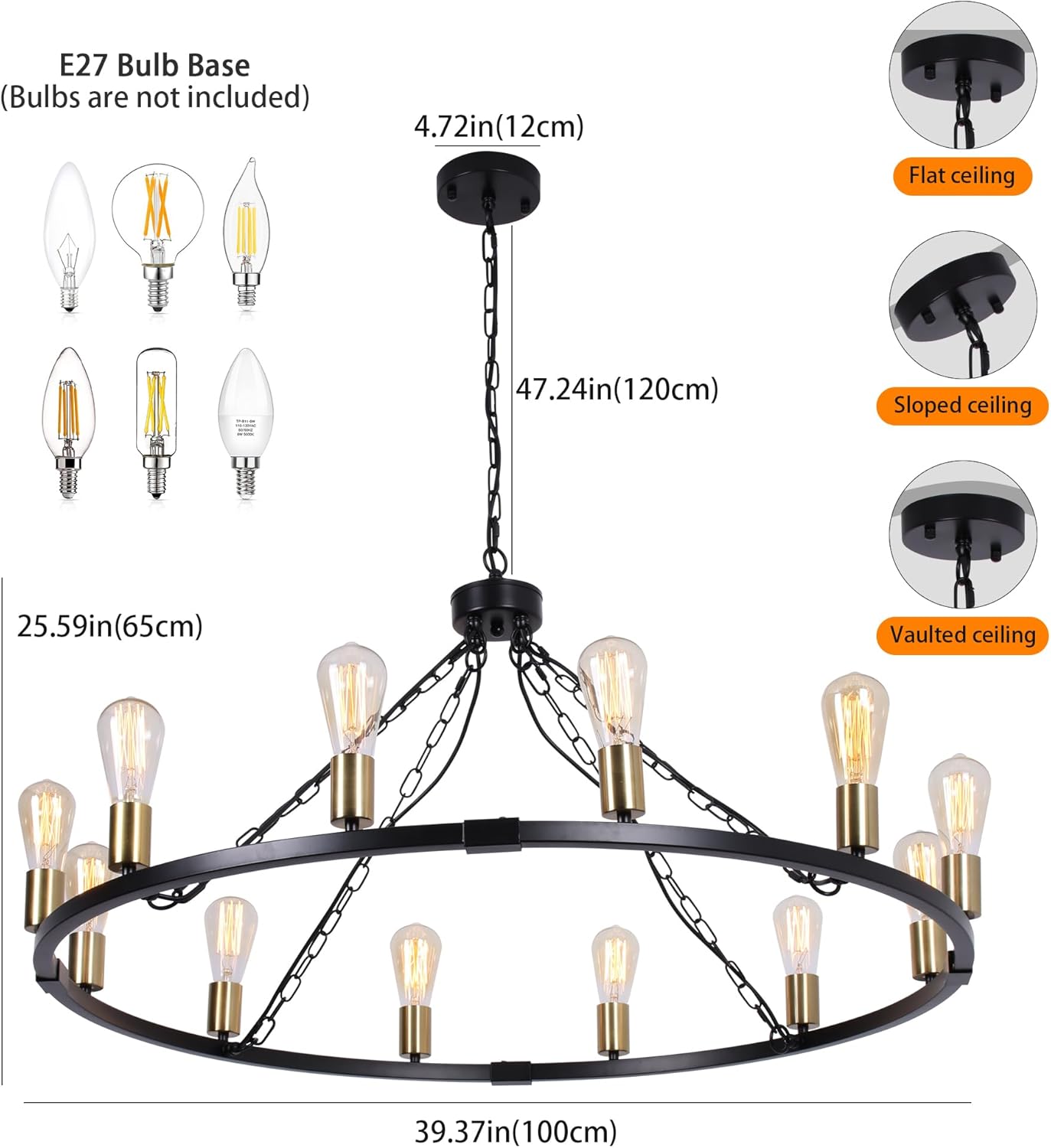 Eoodis Kronleuchter 12 Lichter Rustikaler Landhaus Stil Wagenrad Pendelleuchte Höhenverstellbar Hängelampe für Esszimmer, Küche, Wohnzimmer, Schlafzimmer (Schwarz/Gold 100cm)