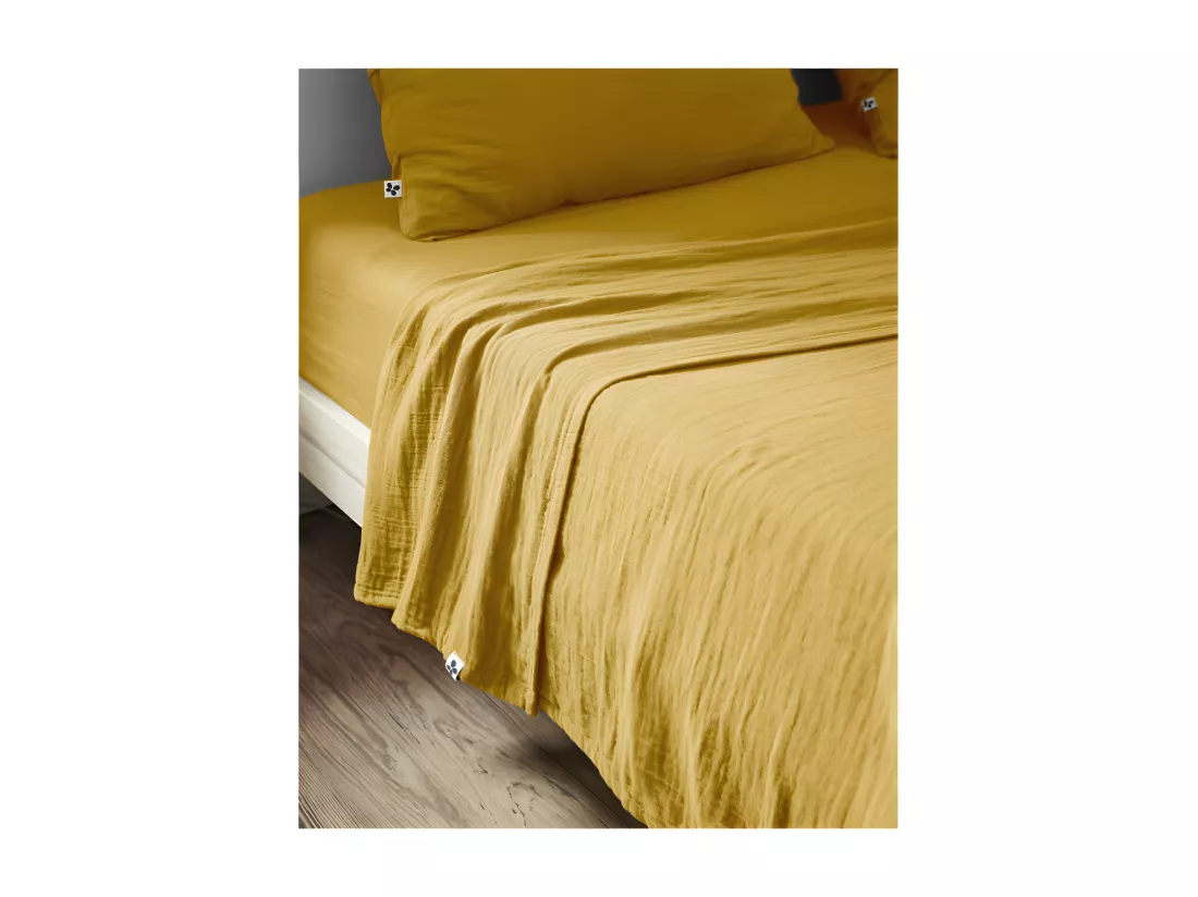 Drap plat 240 x 300 cm en double gaze de coton jaune - PEPA