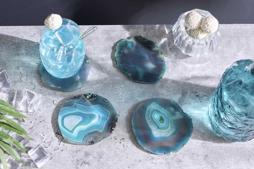4er Set Untersetzer für Gläser COASTER 10cm grün Edelstein Achat Quarz handmade