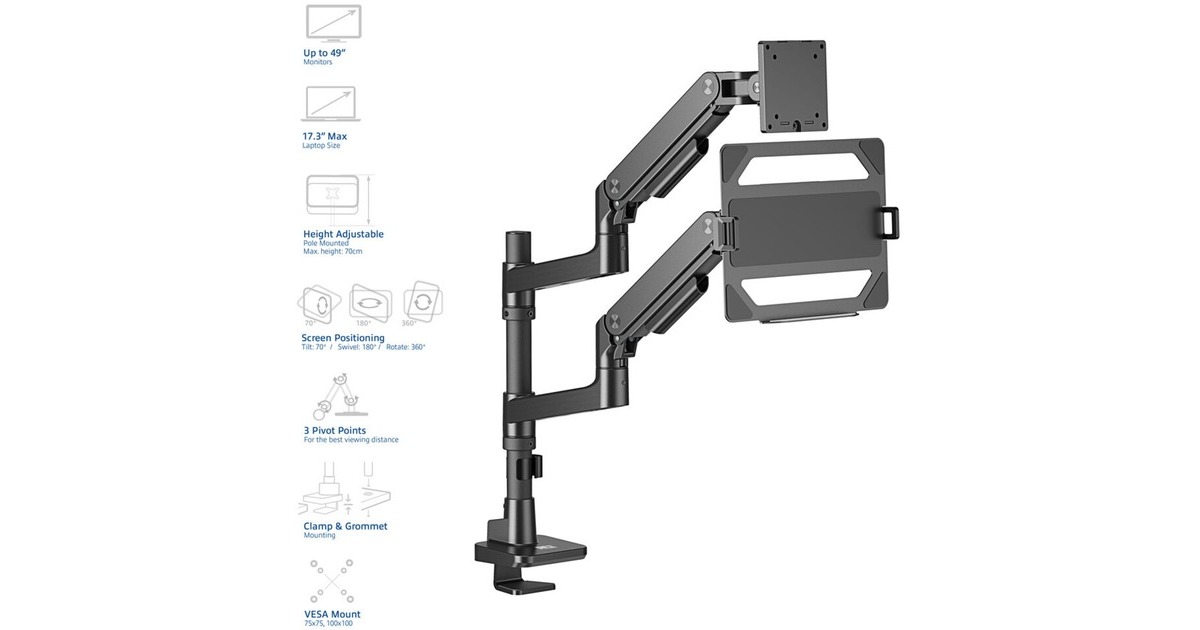 ACT ConnectivityMonitorarm met laptophouder office premium, gasveer, paalbevestiging, 1 monitor  (Zwart)