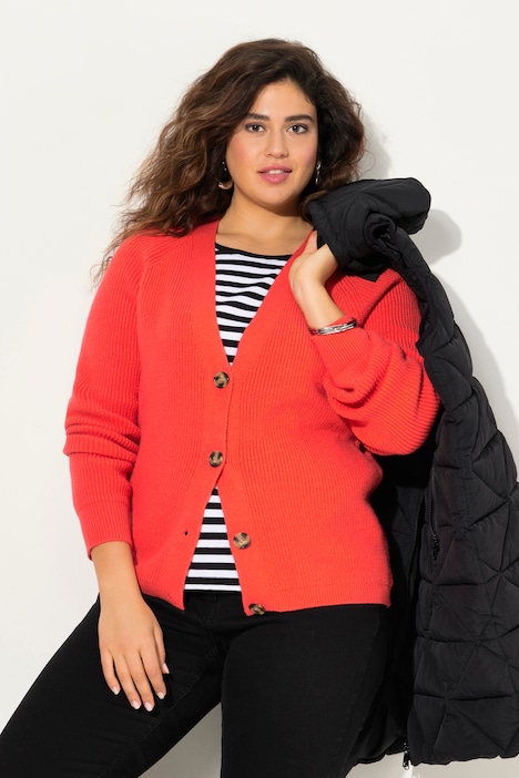 Strickjacke, Rippstrick, V-Ausschnitt, Langarm
