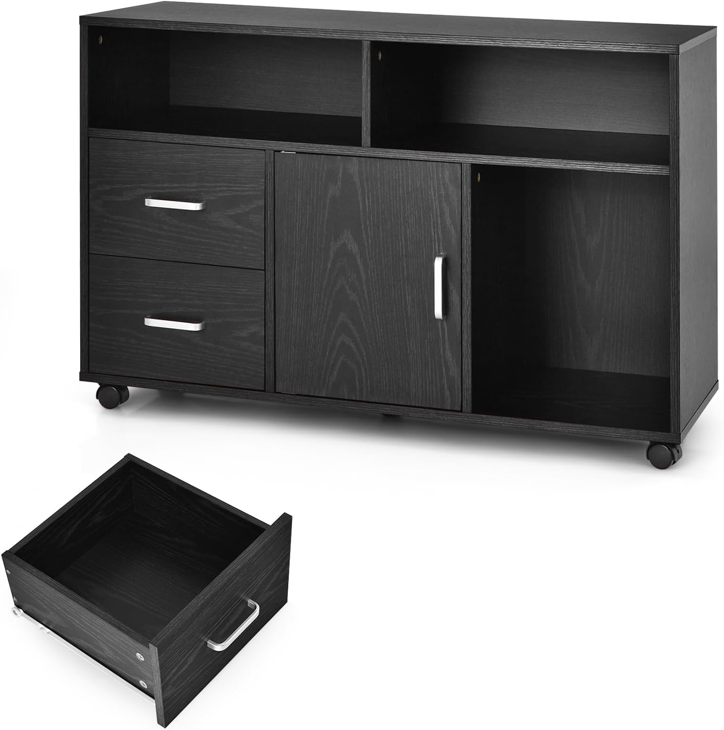 GIANTEX Aktenschrank auf Rollen, Rollcontainer mit Schubladen, mobiler Druckerständer für Home-Office & Büro, für Ordner, Dokumente, Papiere (Schwarz,100 x 35 x 65,5cm)