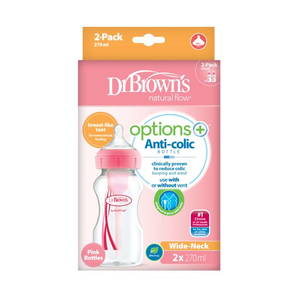 Dr. Brown's Options  Anti-colic Brede Halsfles Duopack Roze 270 ml