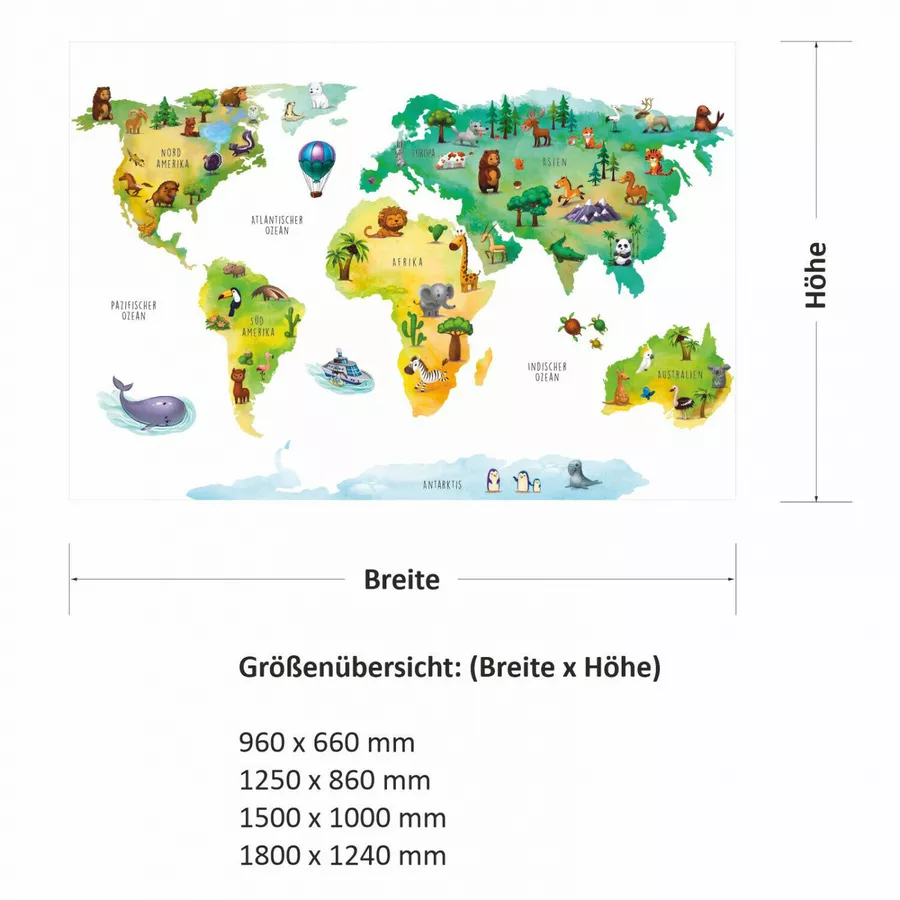 Nikima Wandtattoo 202 Weltkarte mit Tieren in 4 vers. Größen bunt