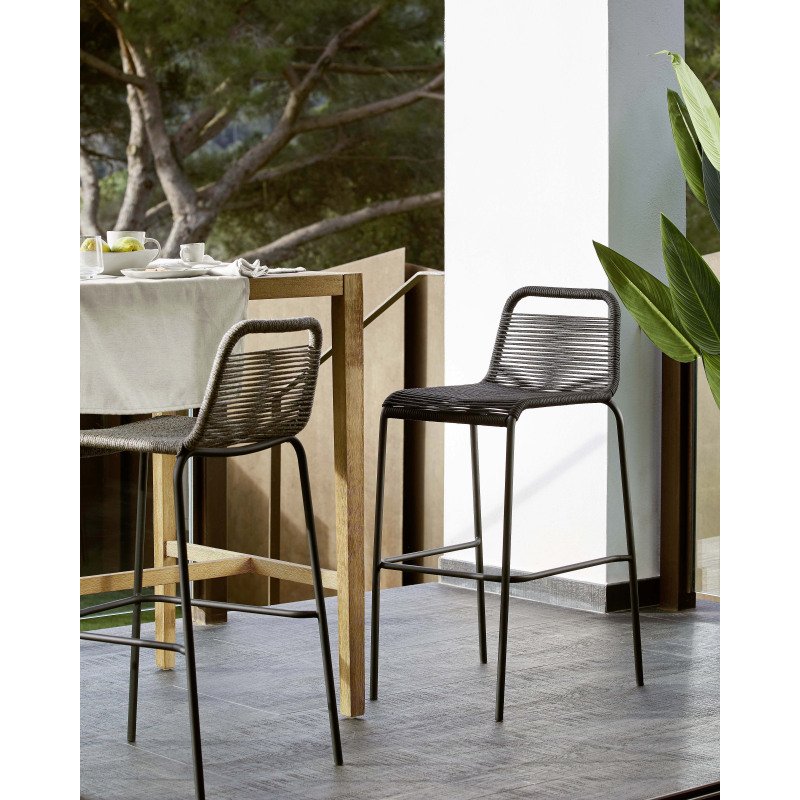 Tabouret Lambton - corde - pieds en acier H 62 cm noir