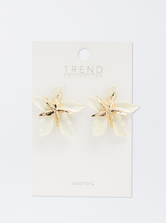 Brincos com flor esmaltada - Bege
