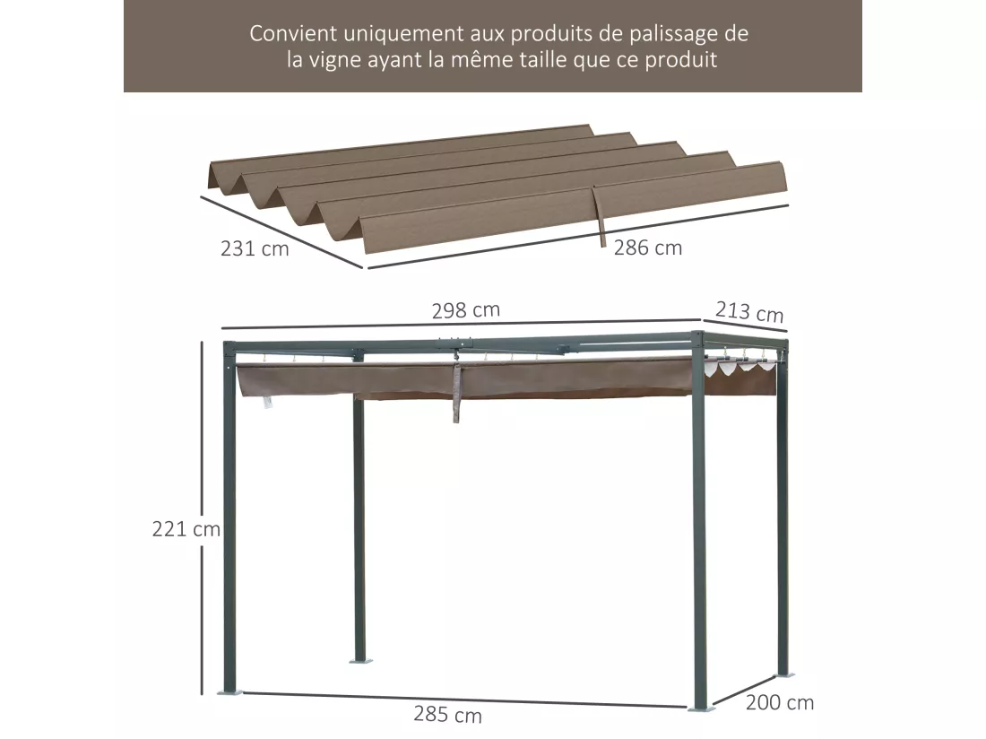 Toile de rechange pour pergola rétractable 3 x 2,15 m polyester haute densité 180 g/m² anti-UV30+ taupe
