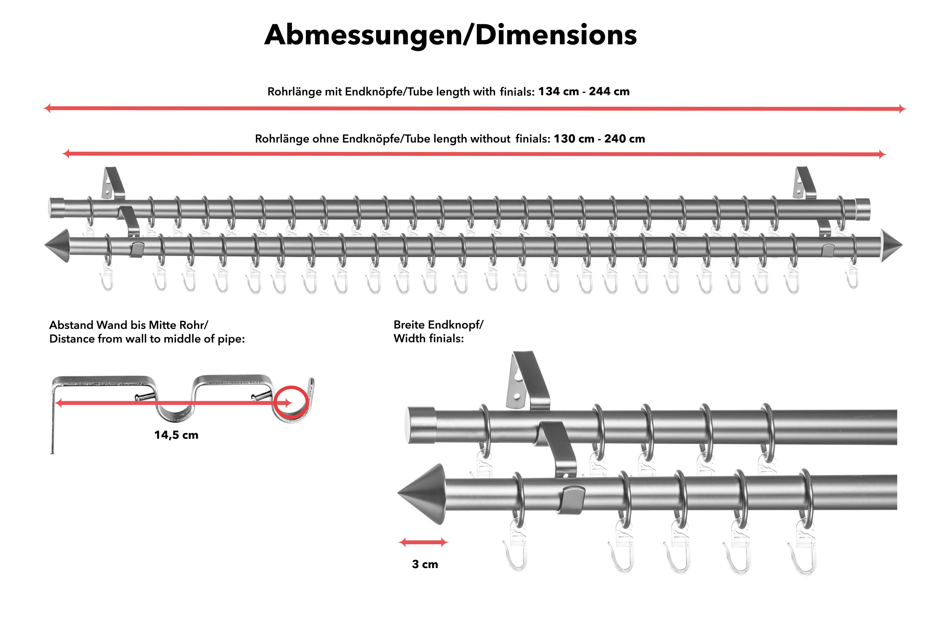 Lichtblick Gardinenstange Kegel, 20 mm, ausziehbar, 2 läufig 130 - 240 cm Chrom Matt