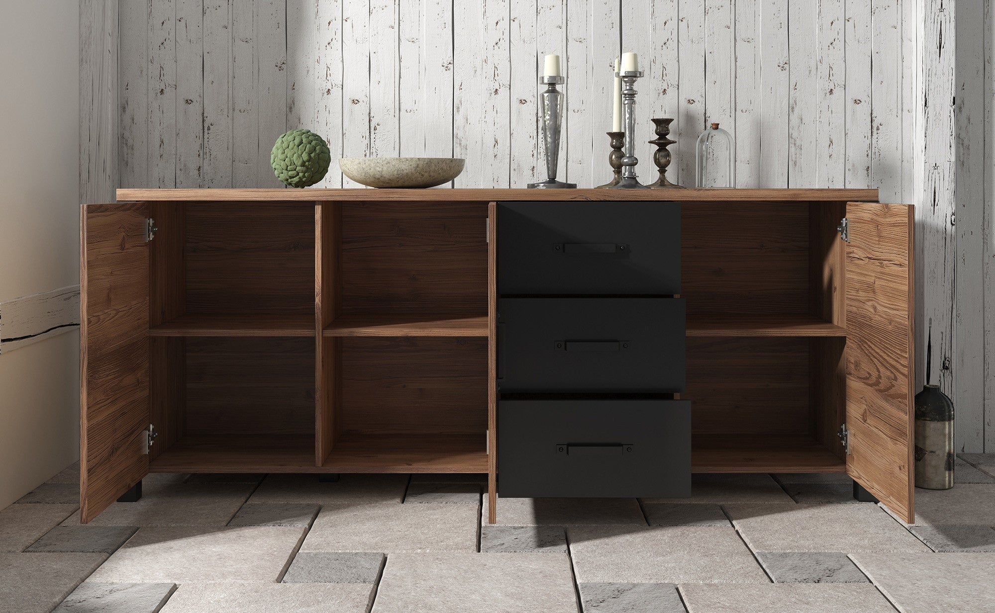Meubella - Dressoir Olivia - Zwart - Eiken - 192 cm