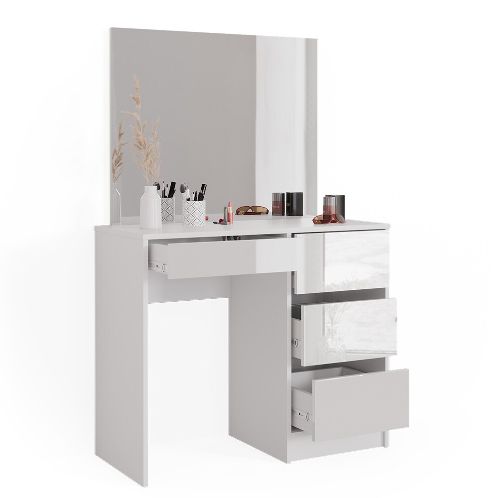 Vicco Schminktisch Frisiertisch Frisierkommode Sherry Weiß Schminkspiegel Hocker 90x75 cm modern Schlafzimmer Kommode Schublade Ablage Aufbewahrung Kosmetiktisch Make-Up-Tisch Hochglanz