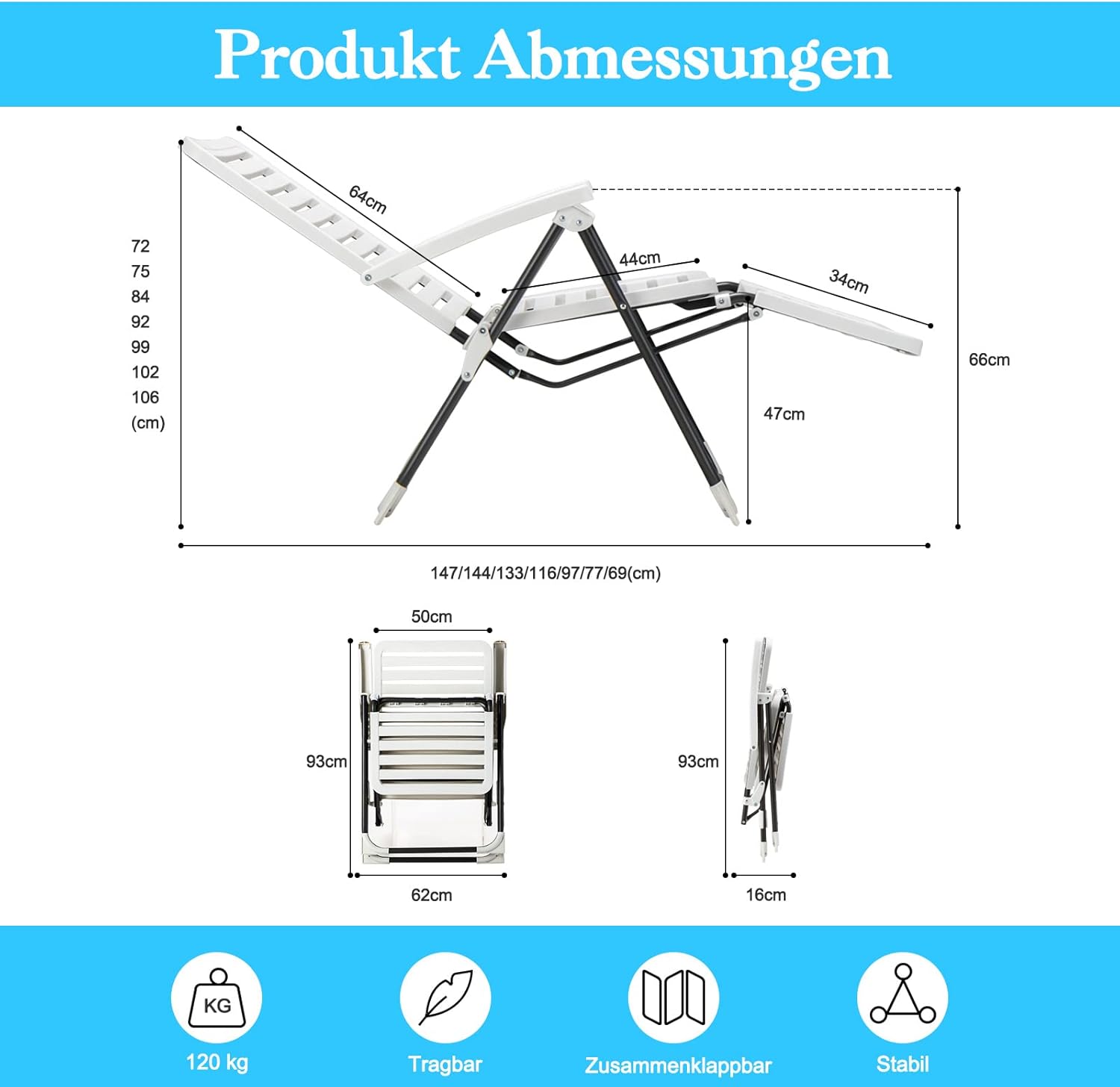 COSTWAY Sonnenliege 2er Set, klappbarer Liegestuhl mit 7-Fach Verstellbarer Rückenlehne, wetterfeste Relaxliege mit Hochlehner, atmungsaktiv, Gartenliege für Garten, Balkon