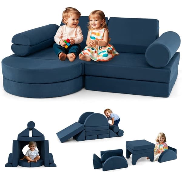 14-delers modulær barnesofa lekesofa laget av skum byggeklosser sofa for klatring & Krypende marineblått
